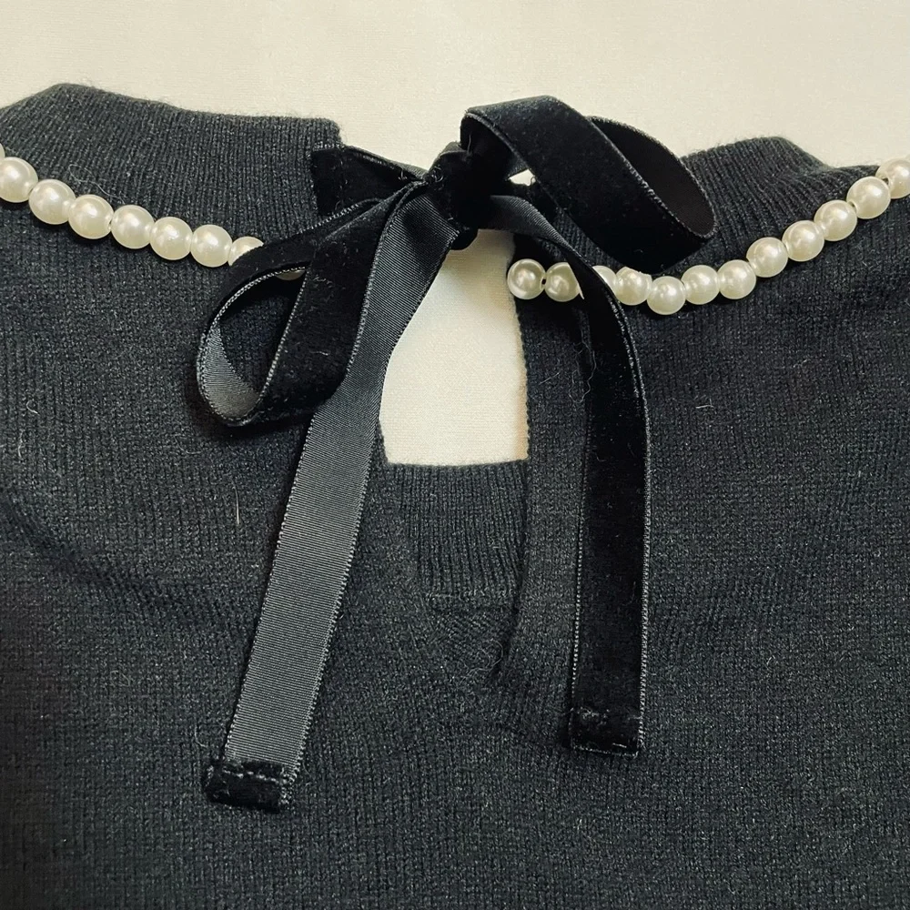 New Kate Spade Black Pearl-Embellished Short-Sleeve Sweater Size XXS